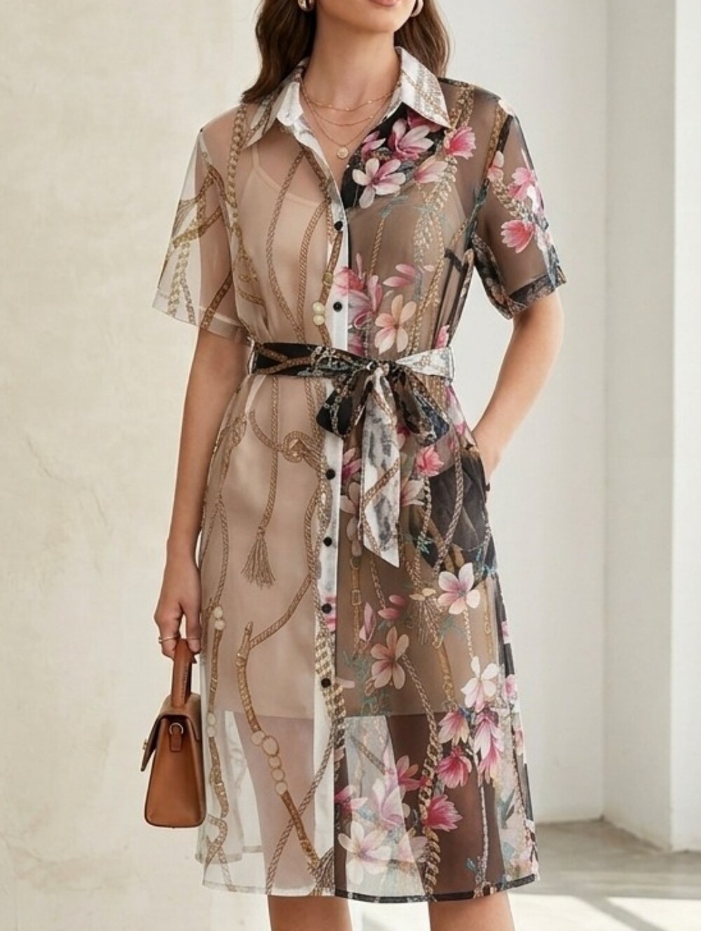 Gottex Split Floral Chain Print Midi Shirtdress Swim Coverup Sz Small